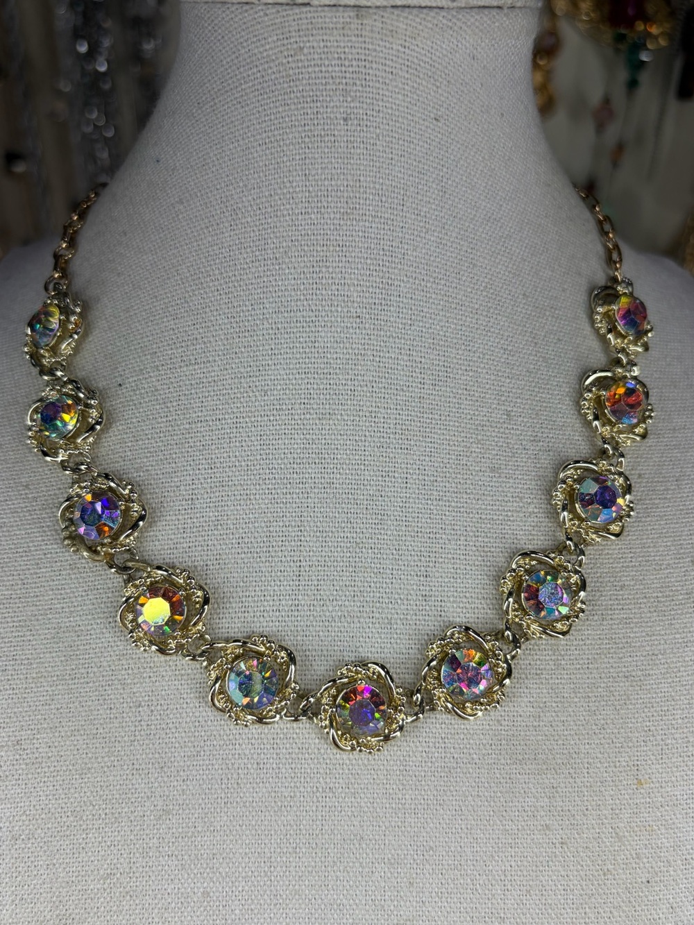 Vintage Good Tone Coro AB Iridescent Aurora Borealis Jewelry Rhinestone Necklace
